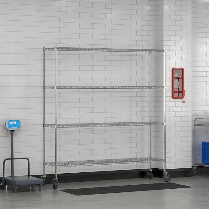 Commercial NSF Listed Chrome Mobile Wire Shelving Kit 18" x 72" x 80", with 4 Shelves Perfect for Warehouse, Walk-in Refrigerator, Freezer, Grocery Store, Restaurant, Dishroom