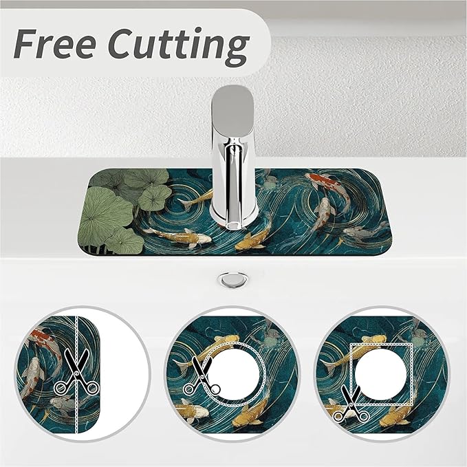 Kitchen Sink Splash Guard，koi fish swimming Faucet Mat Sink Gadgets-Super Absorbent Fast Drying Mat Drip Catcher for Kitchen, Bathroom,Sink Mat, Dish Drying Mat, Bathroom(15" X 5.5" )