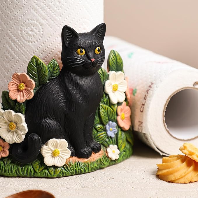 WAIT FLY Black Cat and Flower Paper Towel Holder Stand Resin Tissue Stand Roll Holder for Kitchen Countertop Restaurant Cafe