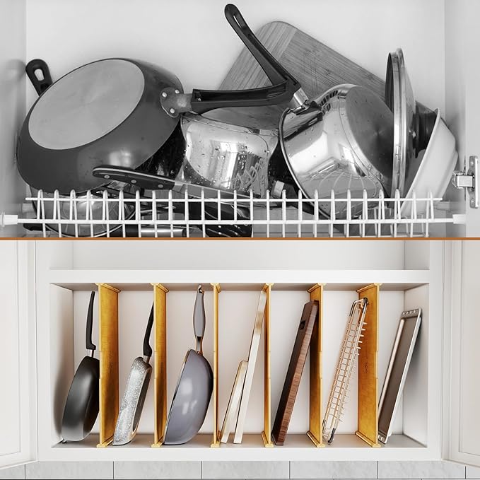 6 Set Wooden Tray Dividers for Cabinets, Kitchen Cookie Baking Sheet Organizer for Cabinet with 12 Slideways & 36 Screws, DIY Cabinet Dividers for Kitchen, Pantry, Closet, Easy to Install