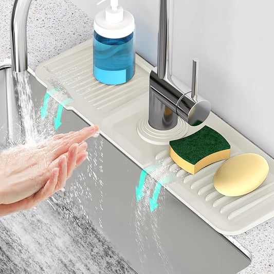 17.7inch Faucet Mat for Kitchen Sink [5°Slope Fast Self-draining] Faucet Mat Kitchen Sink Splash Guard Silicone Sink Splash Guard Kitchen Sink Area Tidy Splash Faucet Guard Draining Mat-Beige