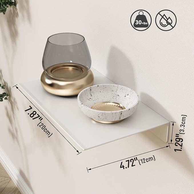 Danpoo White Floating Shelves for Wall Storage, Metal Wall Shelves for Bedroom, Living Room, Kitchen, Small Bathroom Shelves Wall Mount, 8" Mini Display Shelf for Collectibles(2 PCS)