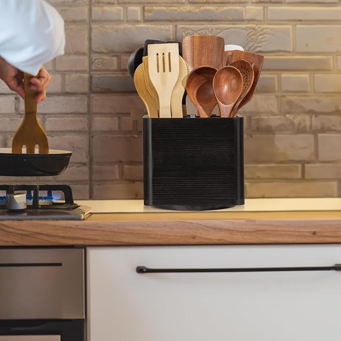 Extra Large Rotating Utensil Holder for Kitchen Counter, Large Wooden Utensil Holder with 4 Compartments, Black