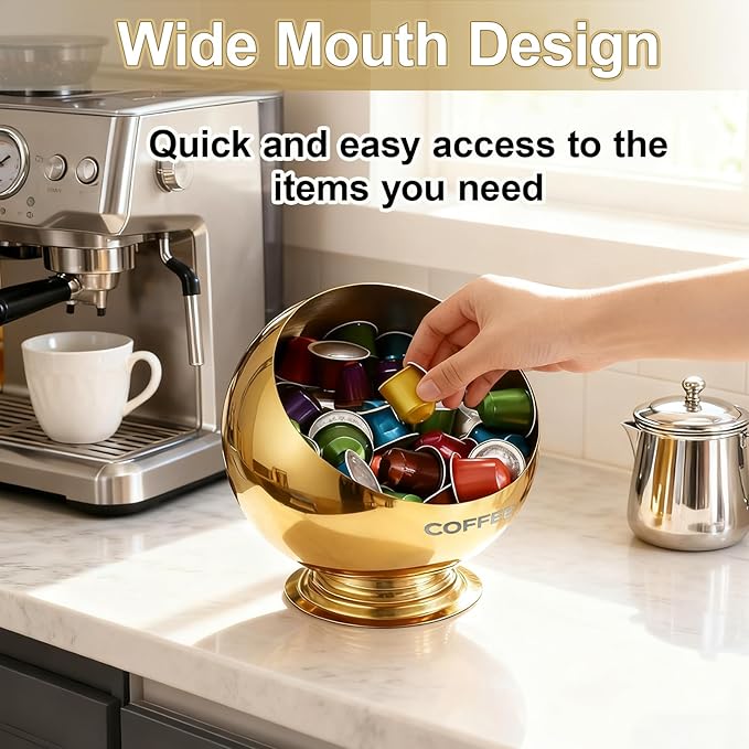Coffee Pod Holder, Gold Metal Coffee Pod Storage, Capsule Container Bowl, Coffee Pod Organizer for Kitchen Counter and Office Desktop (Gold)