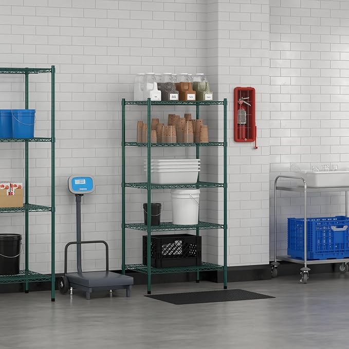 Commercial NSF Listed Green Epoxy Stationary Wire Shelving Kit 21" x 30" x 64", with 5 Shelves Perfect for Warehouse, Walk-in Refrigerator, Freezer, Grocery Store, Restaurant, Dishroom