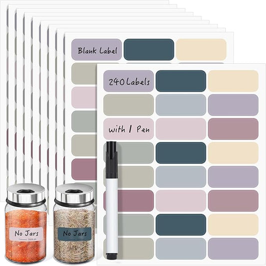 Segarty Labels for Food Containers, 240 Pcs Colorful Blank Label Stickers with 1 Black Pen to Wrtie On, Reusable Removable Pantry Stickers for Glass Spice Jars, Bottles, Mason, Kitchen Organizing