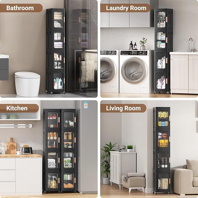 BROVIEW 1-Tier Tall Narrow Storage Cabinet Organizer, Slim Bathroom Cabinets with Adjustable Shelves and Door, Plastic Kitchen Pantry Organizers and Storages for Small Space, Laundry, Black