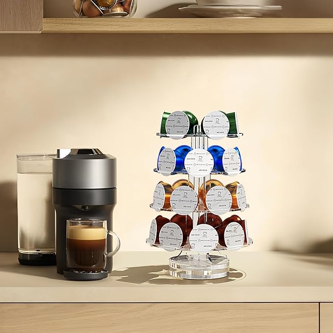 Crystal Clear Acrylic Coffee Pods Holder Carousel Compatible with 30 Nespresso Vertuo Capsules And Keurig K-cup Pods, Space-Saving Coffee Pod Storage Organizer for Small Countertop