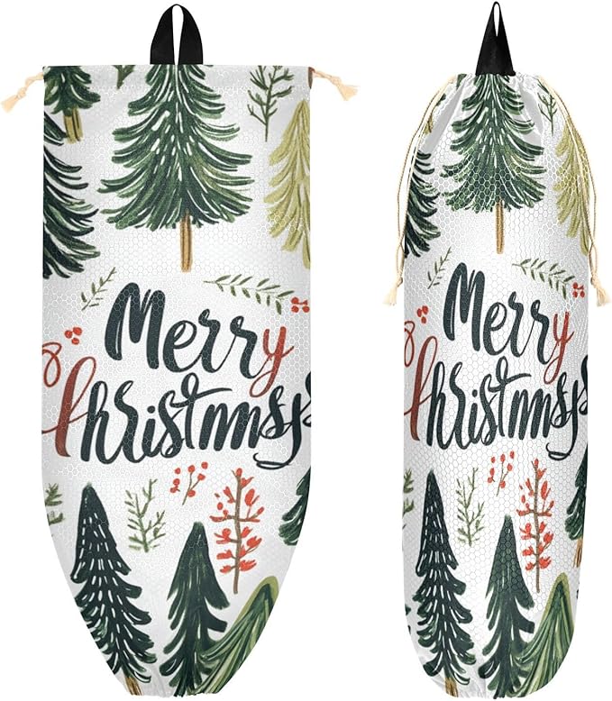 Plastic Bag Holder Wall Mount Grocery Bag Shopping Bag Storage Holder Organizer Dispenser with Adhesive Hook,for Kitchen Bathroom Home Decor 9x22 Inches Green Pine Trees35