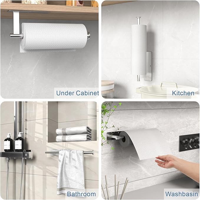 Paper Towel Holder Under Cabinet 2 Pack, Upgraded Adhesive Paper Towel Holder Wall Mount for Kitchen, Bathroom, RV, Bend-Resistant, Self-Adhesive or Drill mounting, Stainless Steel, Silver