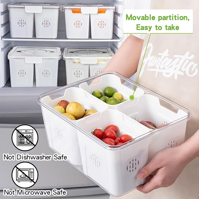 NEWGDN Stackable Refrigerator Organizer Bins with Lids, 4-Compartment Fridge Storage Container with Colanders & Handles, Clear Airtight Food Saver for Fruit, Vegetables & Berries