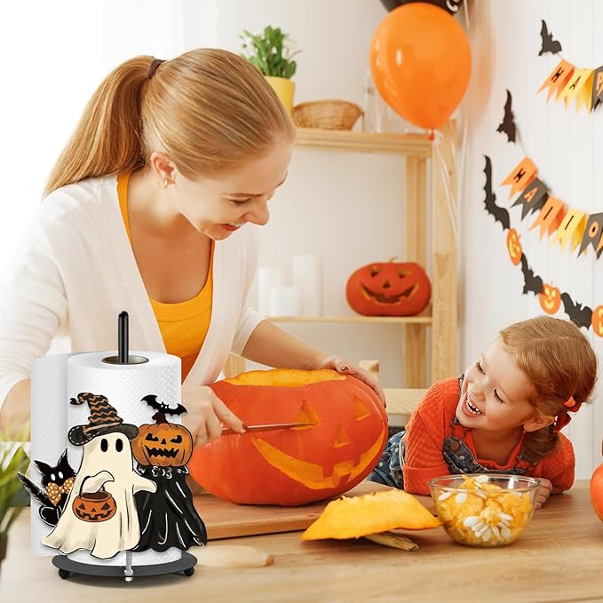 JarThenaAMCS Halloween Paper Towel Holder Pumpkin Ghost Cat Kitchen Decor Accessories Large Metal Towel Holder Stand for Fall Home Party Bathroom Countertop