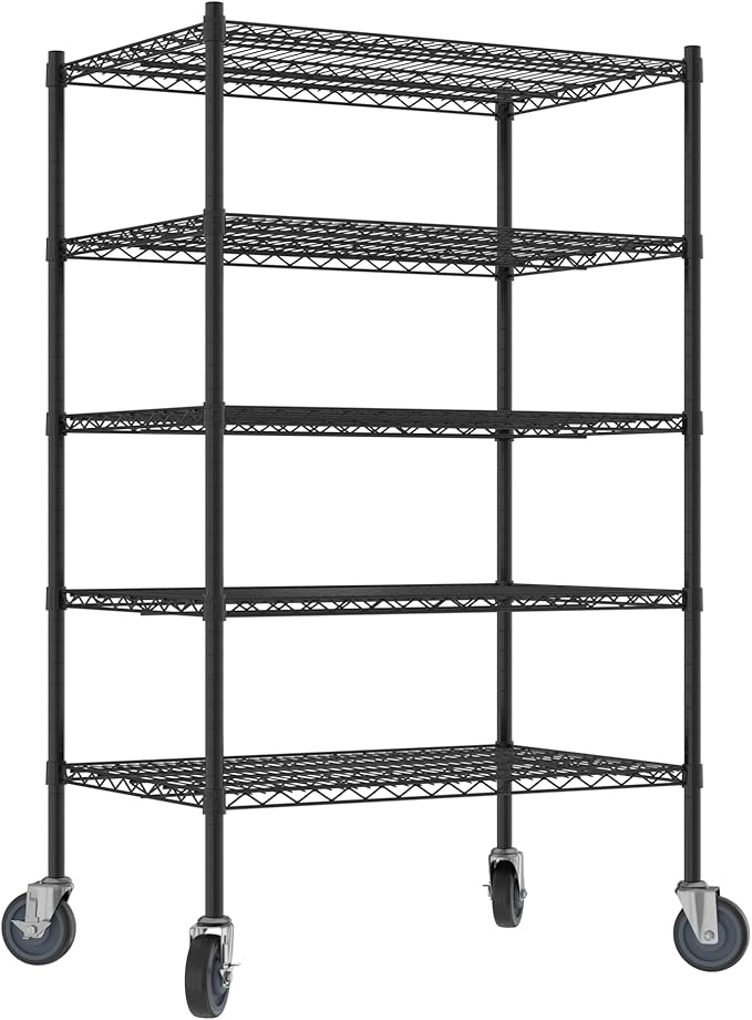 Commercial NSF Listed Black Epoxy Mobile Wire Shelving Kit 24" x 36" x 60", with 5 Shelves Perfect for Warehouse, Walk-in Refrigerator, Freezer, Grocery Store, Restaurant, Dishroom