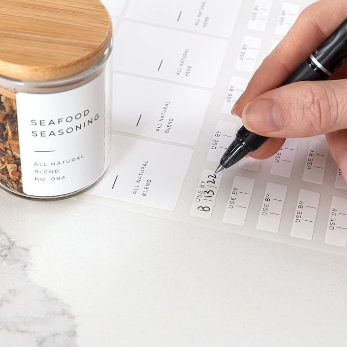 160 Waterproof Spice Jar Labels Preprinted 2.1x1.6in Spice Label for Empty Spice Jars. 112 Spice Stickers, 8 Blank Pantry Labels and 40 Expiry Labels for Seasoning Containers