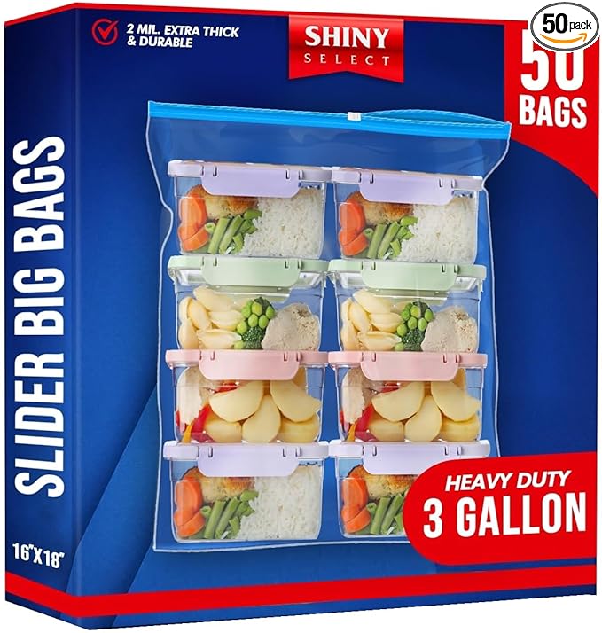 Shiny Select [ Pack of 50 3.5 Gallon Large Food Storage Bags with Reclosable Easy Open Close Slider Closure, 2 Mil Thick, Size 16"x18", for Food-Meal Prep, Organization & Storage
