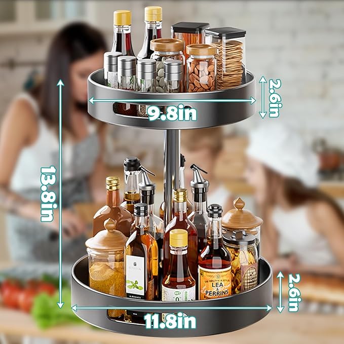 2 Tier Lazy Susan Organizer, Metal Kitchen Lazy Susan Turntable for Cabinet, Rotating Spice Rack Pantry Lazy Susans Turntable Organizer