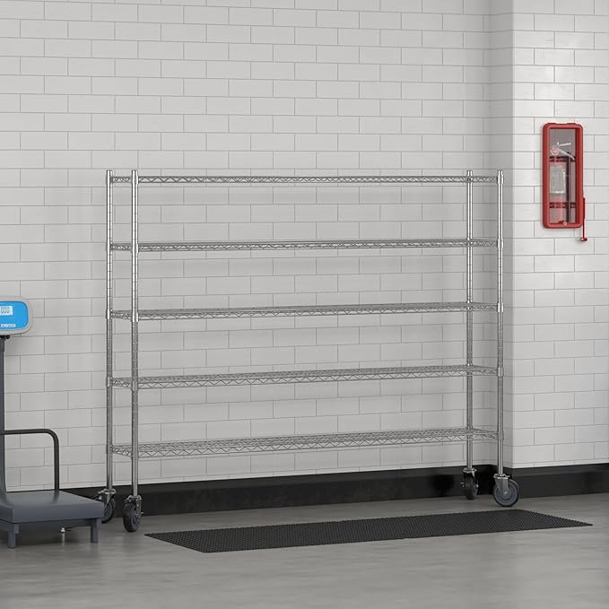 Commercial NSF Listed Chrome Mobile Wire Shelving Kit 12" x 72" x 60", with 5 Shelves Perfect for Warehouse, Walk-in Refrigerator, Freezer, Grocery Store, Restaurant, Dishroom