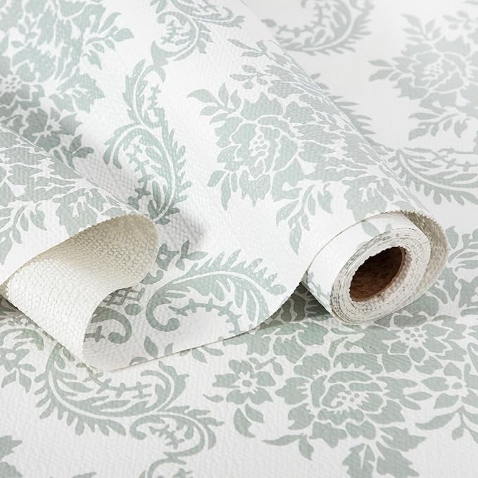 RAY STAR Shelf Liner, 12 Inch x 30 Feet Non Adhesive Vintage Sage Green Damask Floral Cabinet Liner for Pantry Drawer Vanity, Strong Grip Non Slip Waterproof, Shelf Liners for Kitchen Cabinets