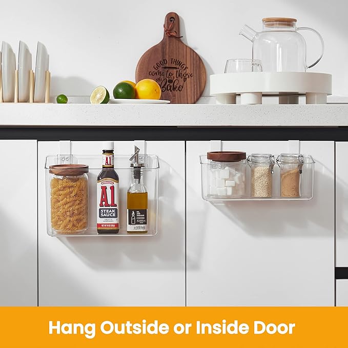 vacane Plastic Over Cabinet Door Organizer with Removable Hooks, Clear Hanging Baskets for Organizing Over the Cabinet Organizer Holder for Kitchen, Pantry, Bathroom-Hang Outside or Inside Door-M