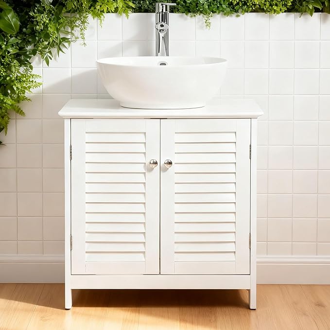 Sink Storage Cabinet with 2 Doors and Adjustable Shelf – Freestanding Under Sink Organizer for Bathroom Towels and Toiletries Compatible with Pedestal Sinks
