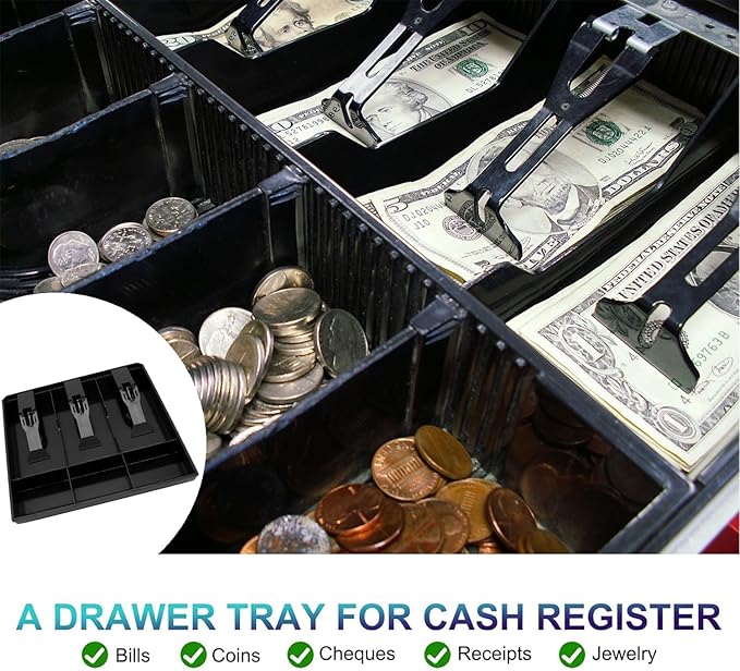 Money Tray Cash Register Drawer Insert Tray, Portable Currency Till Replacement Money Storage Box Organizer,3 Bill/3 Coin Compartments with Plastic Clip for Business Shop Supermarket Hotel