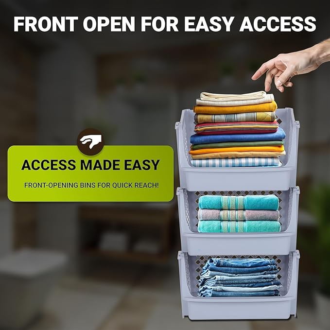 Skywin TidyFriend 6 Pack XLarge Plastic Stackable Storage Bins Open Front for Pantry Organizers and Storage, Pantry Storage for Kitchen and Home Organization, Dorm Room Essentials (Light Grey)