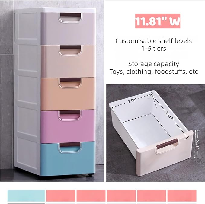 5 Drawers Stackable Storage Drawers Plastic Storage Drawers Collapsible Storage Bins Plastic Clothes Organizer Drawers Storage for Living Room,Bedroom,Office (Light Colors, 11.81" W)