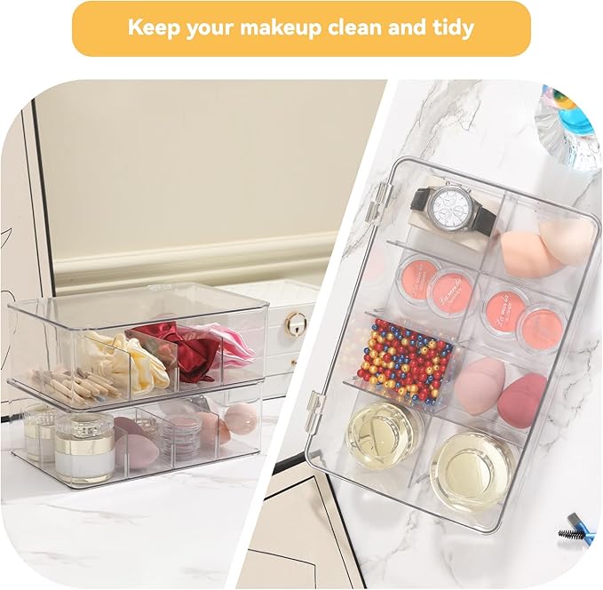 Clear Fridge Organizer Bins With Removable Dividers - Ideal for Snacks and Pantry Storage Snack Bins For Pantry Organization Refrigerator Bins Organizers Clear Kitchen Storage Accessories (2 Pack)