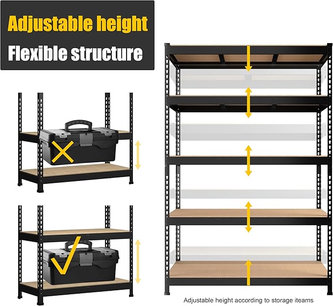 PrimeZone 6 Pack Heavy Duty Storage Shelves - 47"W x 18"D x 71"H 5 Tier Adjustable Garage Storage Shelving, Metal Utility Rack Organizer Shelf Unit for Warehouse Pantry Closet Kitchen Basement, Black
