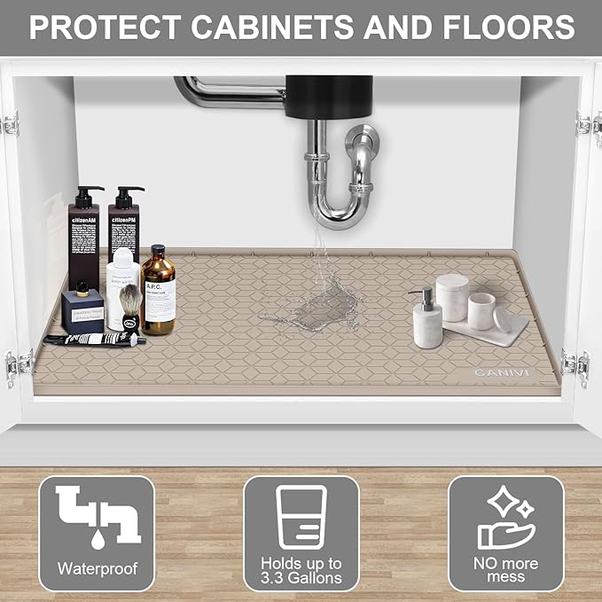 CANIVI Under Sink Mat, 34" x 22" Waterproof Silicone Under Sink Tray for Kitchen & Laundry Cabinets, Kitchen Cabinet Shelf Protector, Up to 3.3 Gallons Liquid, Fits 36 inch Standard Cabinet(Grey)