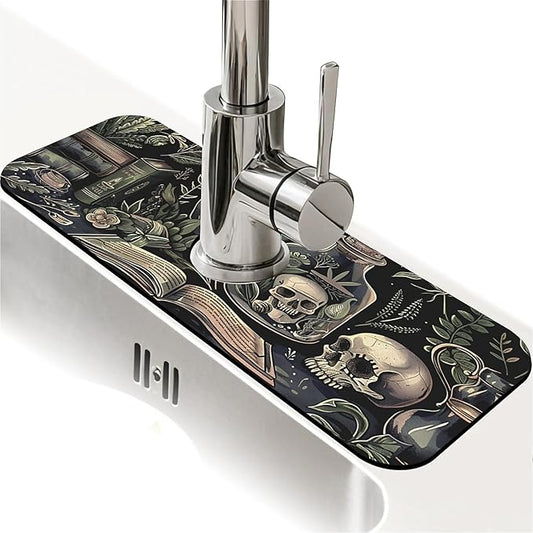 Kitchen Sink Splash Guard，Books and skulls Faucet Mat Sink Gadgets-Super Absorbent Fast Drying Mat Drip Catcher for Kitchen, Bathroom,Sink Mat, Dish Drying Mat, Bathroom(15" X 5.5" )