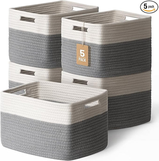 5 Pack Woven Storage Baskets for Shelves, Decorative Basket Closet Organizer Storage Bins for Clothes, Books, Pantry, Bathroom – Cotton Rope Shelf Baskets for Organizing and Decor, Gray & White