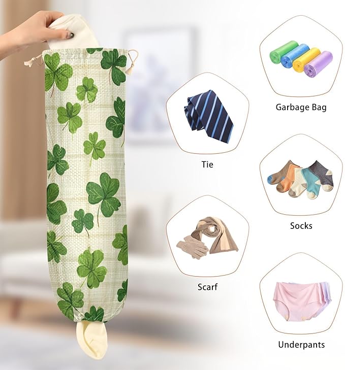 Plastic Bag Holder Wall Mount Grocery Bag Shopping Bag Storage Holder Organizer Dispenser with Adhesive Hook,for Kitchen Bathroom Home Decor 9x22 Inches Beige Checkered Clovers01