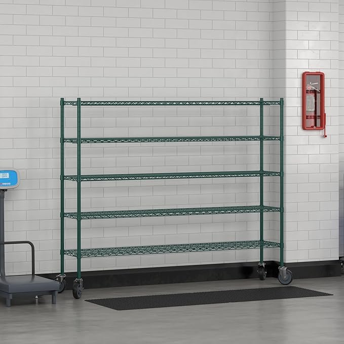 Commercial NSF Listed Green Epoxy Mobile Wire Shelving Kit 14" x 72" x 60", with 5 Shelves Perfect for Warehouse, Walk-in Refrigerator, Freezer, Grocery Store, Restaurant, Dishroom