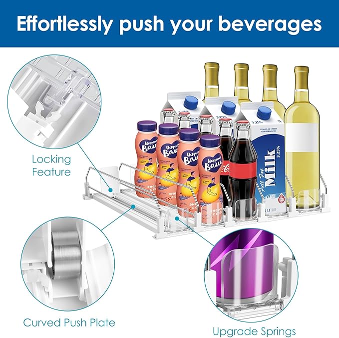 asika Drink Organizer for Fridge, Adjustable Width Soda Can Dispenser for Refrigerator Organizers and Storage, 5 Rows Beer Bottle Beverage Holder with Pusher Glide (16.54" L, White)