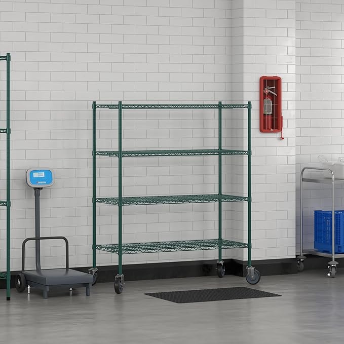 Commercial NSF Listed Green Epoxy Mobile Wire Shelving Kit 21" x 48" x 60", with 4 Shelves Perfect for Warehouse, Walk-in Refrigerator, Freezer, Grocery Store, Restaurant, Dishroom