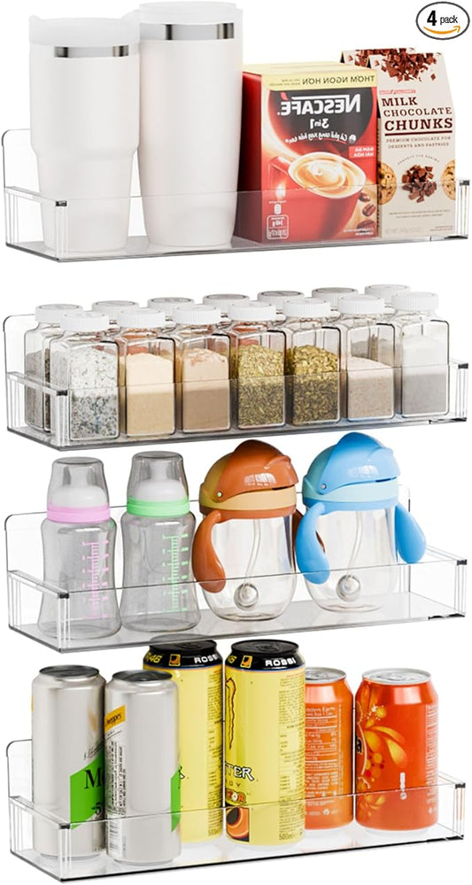 Yieach 4 Pack Acrylic Adhesive Spice Rack Wall Mount - 11.5x3.6 Inch, Clear Spice Shelf Storage Holder,4 Pack Stick on Hanging Spice Rack Organizer for Cabinet Door,Kitchen Wall,Rv,Inside Cabinets