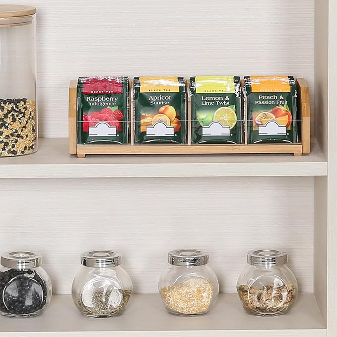 Small Bamboo Tea Bag Organizer Storage Holder for Tea Bags Wood Tea Box Containers Tea Rack Teabag Station Stand for Cabinet Countertop Office