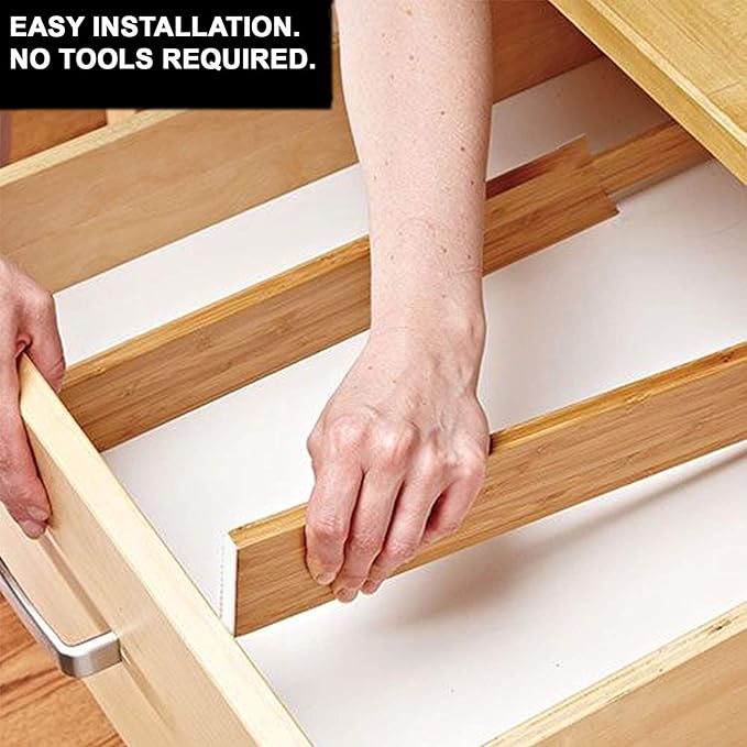 HUJI 6 PCS Bamboo Drawer Dividers Organizers For Bed Room, Bathroom, Kitchen, Garage, Great To Organize Clothes Kitchen Utensils Tools Shirts Socks Towels (3 PACK)