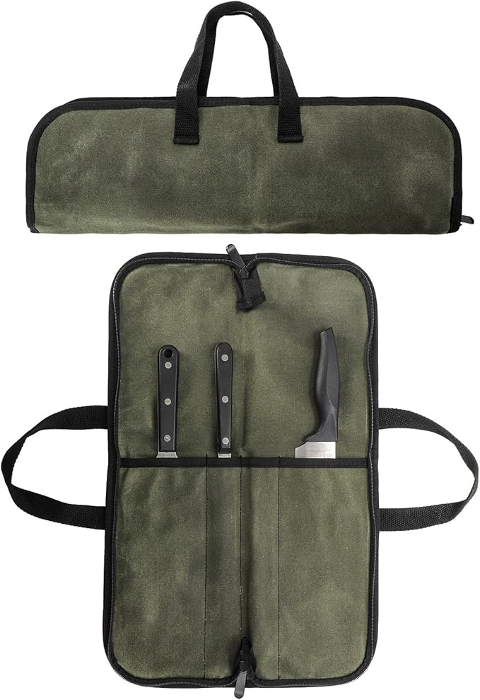 Tosnail Chef Knife Roll Bag with 4 Slots, Heavy Duty Waxed Canvas Knife Bag with Handle, Kitchen Knife Storage, Portable Knife Carrying Case