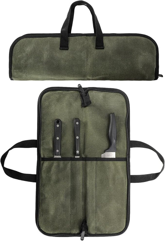 Tosnail Chef Knife Roll Bag with 4 Slots, Heavy Duty Waxed Canvas Knife Bag with Handle, Kitchen Knife Storage, Portable Knife Carrying Case