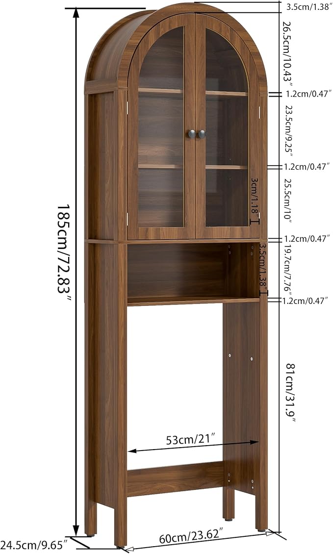 Arched Over The Toilet Storage Cabinet with Acrylic Doors, 4 Tier Small Bathroom Shelf Organizer, Mid Century Modern Bathroom Cabinet with Adjustable Shelf, Slim Narrow Arch Toilet Rack, Walnut