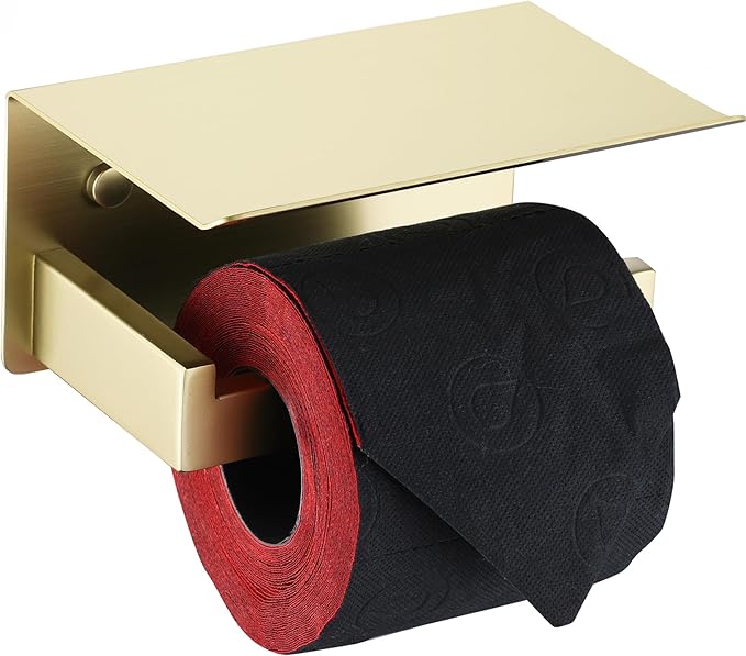 LANC Gold Toilet Paper Holder with Shelf, Adhesive or Screw Toilet Paper Roll Holder with Phone Shelf for Bathroom Wall Mounted, Stainless Steel Toilet Tissue Holder Brushed Gold, A8367BG