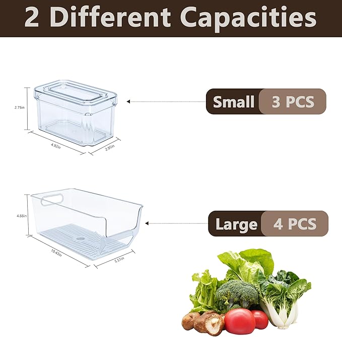 7Pcs Clear Plastic Storage Bins, Refrigerator Organizer Bins with Handles, Freezer Organizer Clear Organizing Bins, BPA-Free Fridge Storage Containers for Fridge, Freezer, Cabinet, Kitchen, Pantry