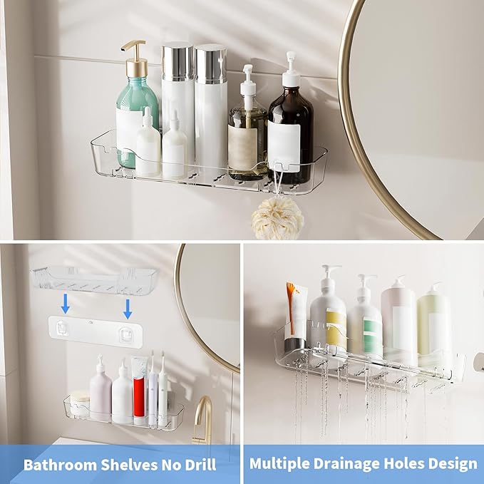 Diesisa 2pc Acrylic Adhesive Wall Shelf, Wall Mount Organizer, Bathroom Shelves for Wall, Self Organizer, No Drilling Hang Walls,with Self Adhesive Tape, for Bathroom, Kitchen, Living Room