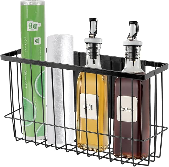 Magnetic Metal Basket Organizer for Fridge & Locker, Storage Basket for Foil/Plastic Wrap/Spice/Dryer Ball, Space-Saving Kitchen & Laundry Solution (Black, S)