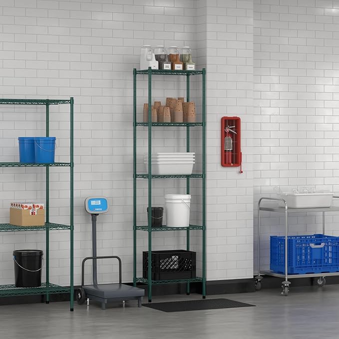 Commercial NSF Listed Green Epoxy Stationary Wire Shelving Kit 14" x 24" x 86", with 5 Shelves Perfect for Warehouse, Walk-in Refrigerator, Freezer, Grocery Store, Restaurant, Dishroom