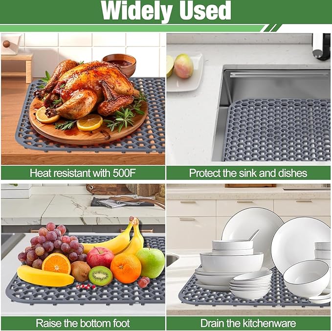 Inchoco Sink Protectors Mat - 25.79"x13.98" Kitchen Sink Pad for Bottom of Basin for Protection of Stainless Steel and Tableware, Farmhouse Rubber Basin Mat Protector with Rear Drain - Light Gray