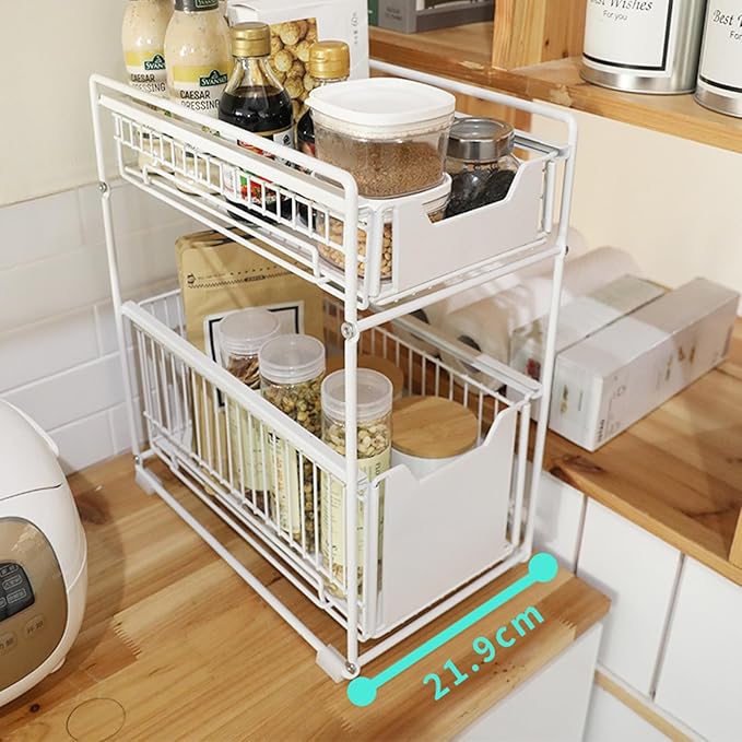 Pull Out Cabinet Organizer, 2-Tier Storage Wire Baskets With Sliding Storage Drawer, Carbon Steel Sliding Drawer Shelf Baskets for Kitchen Pantry Bathroom14.7''D×11.1''W×17.32''H