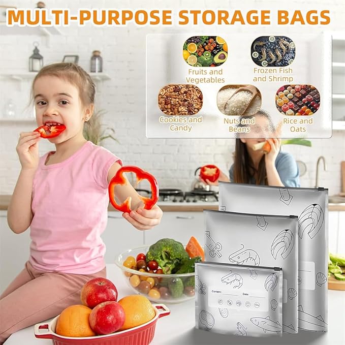 Reusable Aluminum Foil Sealable Storage Bags, 2026 New Resealable Vacuum Zipper Pouches for Food, Thicken Stand Up Foil Freezer Bags with Label & Zip Lock for Vegetable Fruit Meat (M*30)